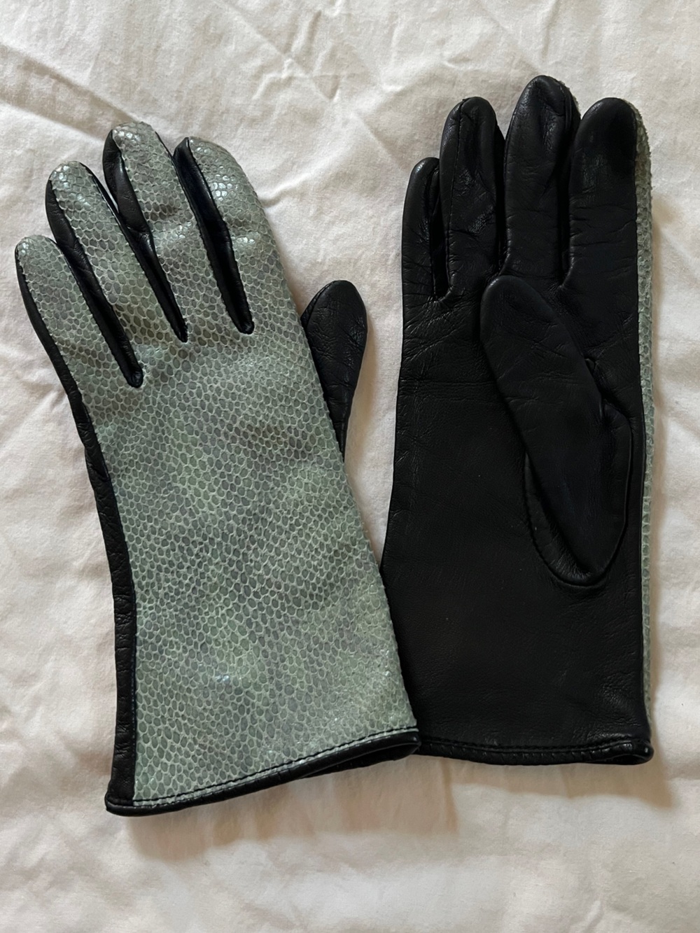 Blue and Black Leather Gloves with Textured Snakeskin front